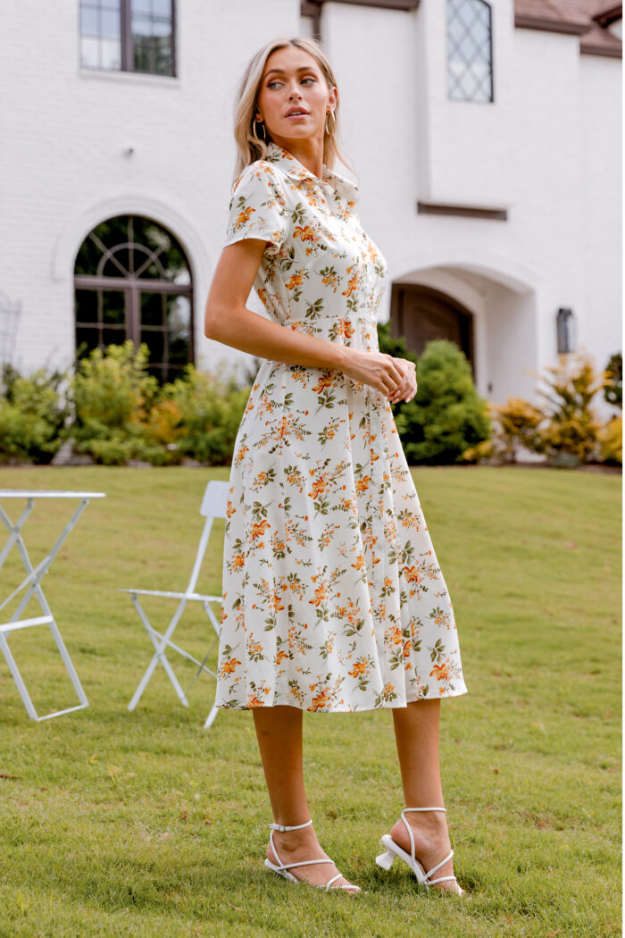 Orange Floral Collared Front Button Midi Dress - Image 4