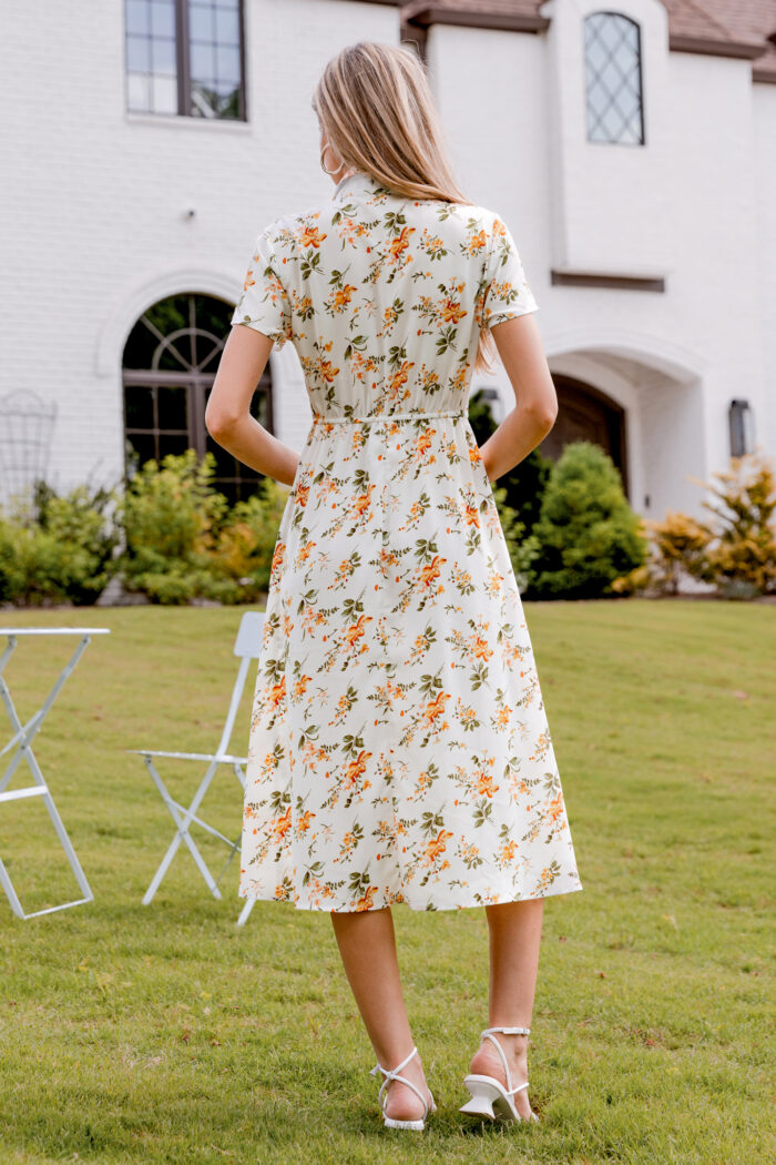 Orange Floral Collared Front Button Midi Dress - Image 5