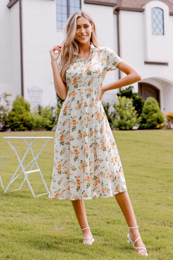 Orange Floral Collared Front Button Midi Dress